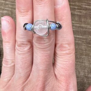 Rose quartz and glass beads wire wrap ring handmade